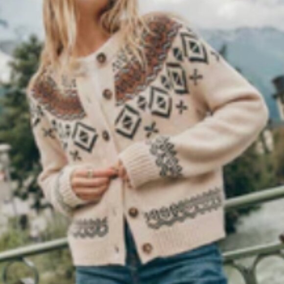 Marine Layer Ava Fair Isle Cardigan – Oatmeal – Size S - Picture 2 of 10